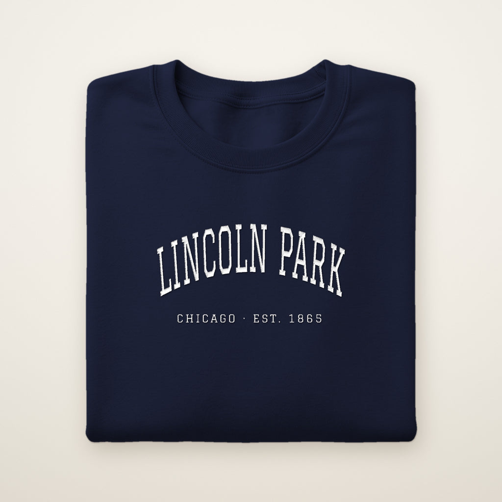 Lincoln Park Chicago embroidered crewneck sweatshirt, Navy, white embroidery