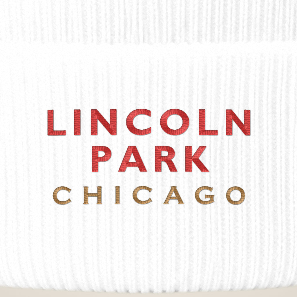 Lincoln Park Chicago embroidery close-up in red and old gold thread