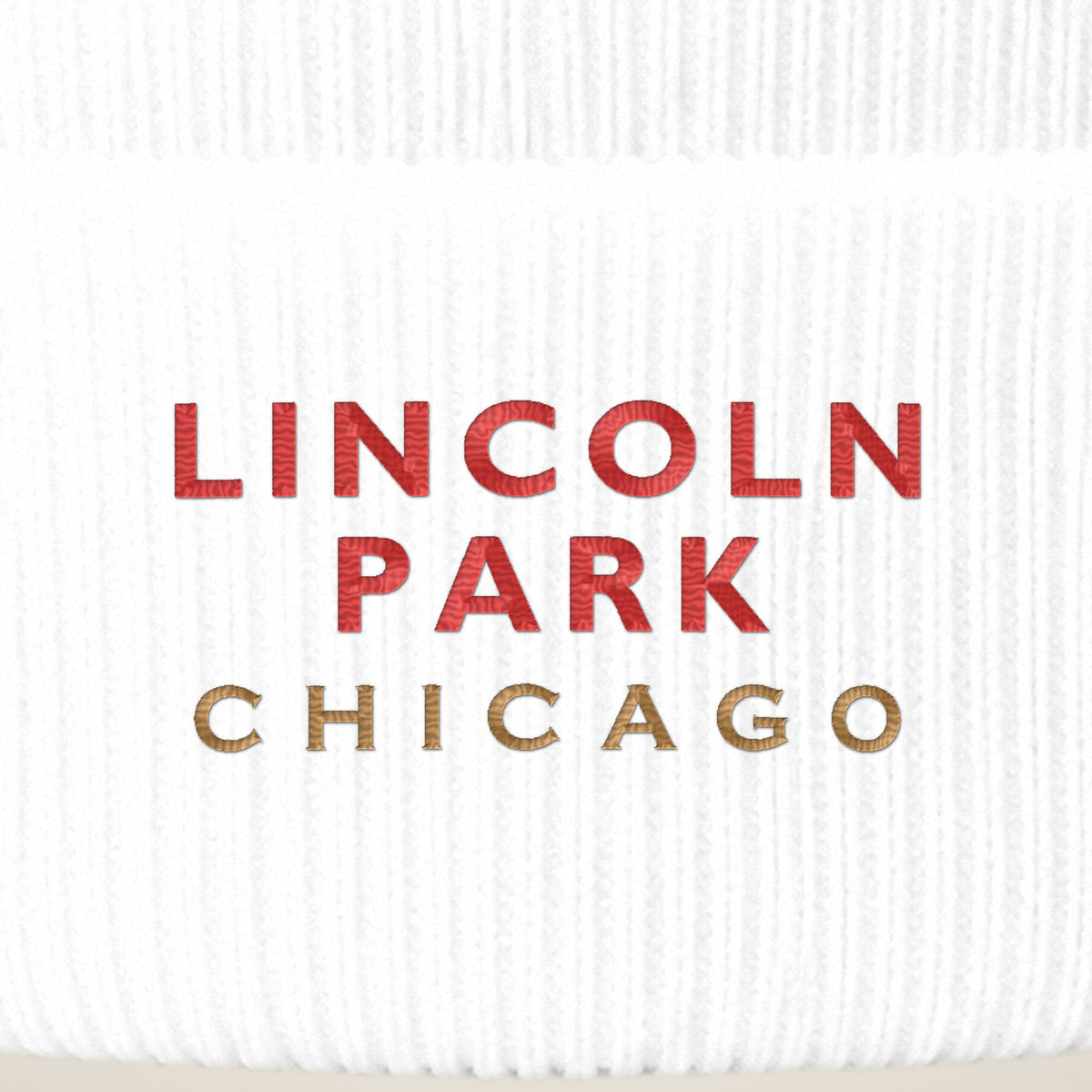 Lincoln Park Chicago embroidery close-up in red and old gold thread