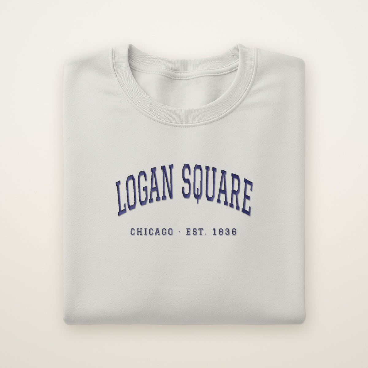 Logan Square Chicago embroidered crewneck sweatshirt, Ash, navy embroidery
