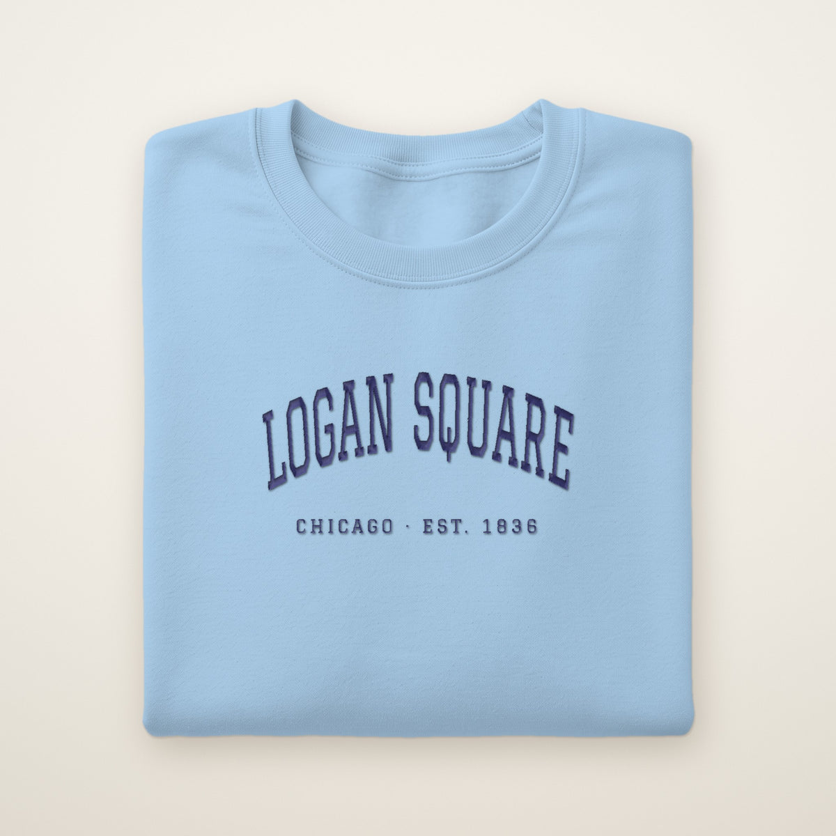 Logan Square Chicago embroidered crewneck sweatshirt, Light Blue, navy embroidery
