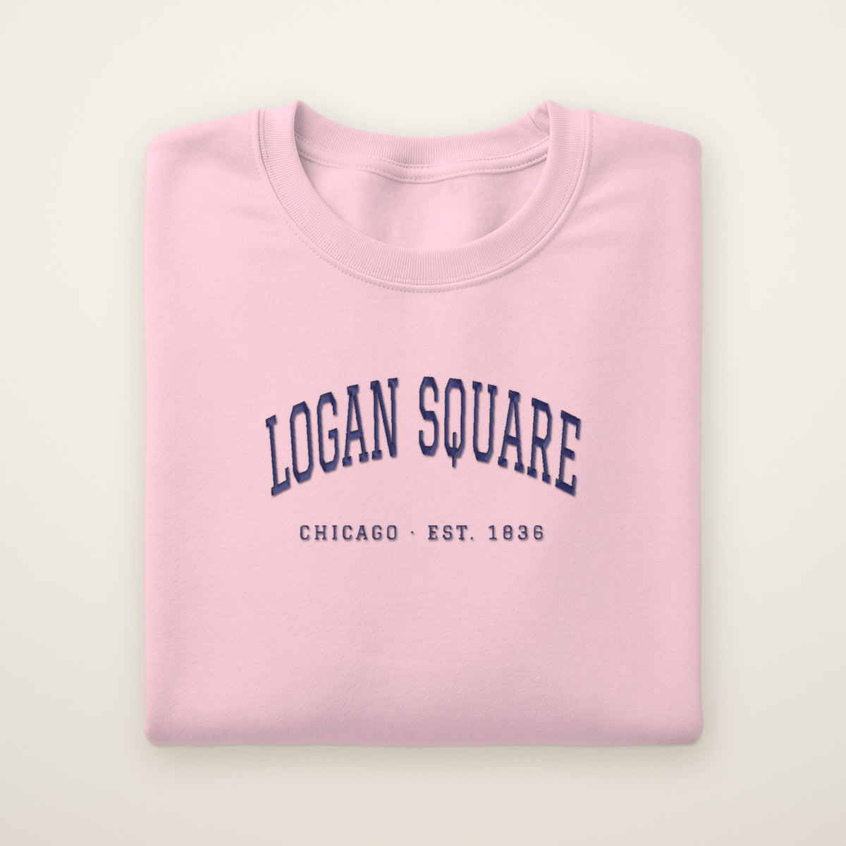 Logan Square Chicago embroidered crewneck sweatshirt, Light Pink, navy embroidery