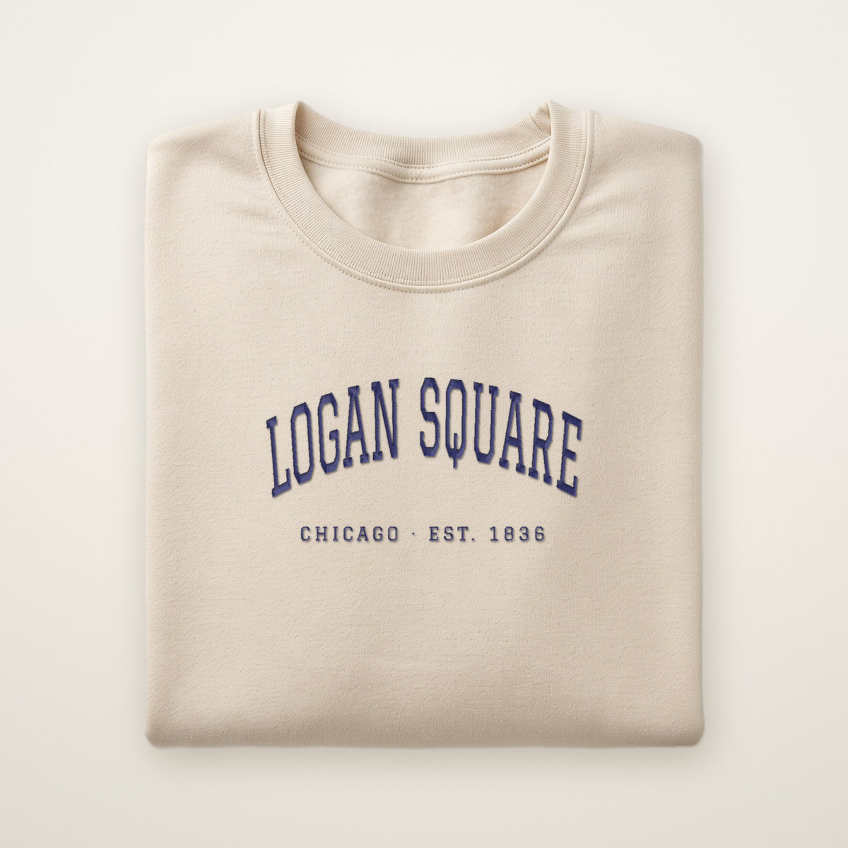 Logan Square Chicago embroidered crewneck sweatshirt, Sand, navy embroidery