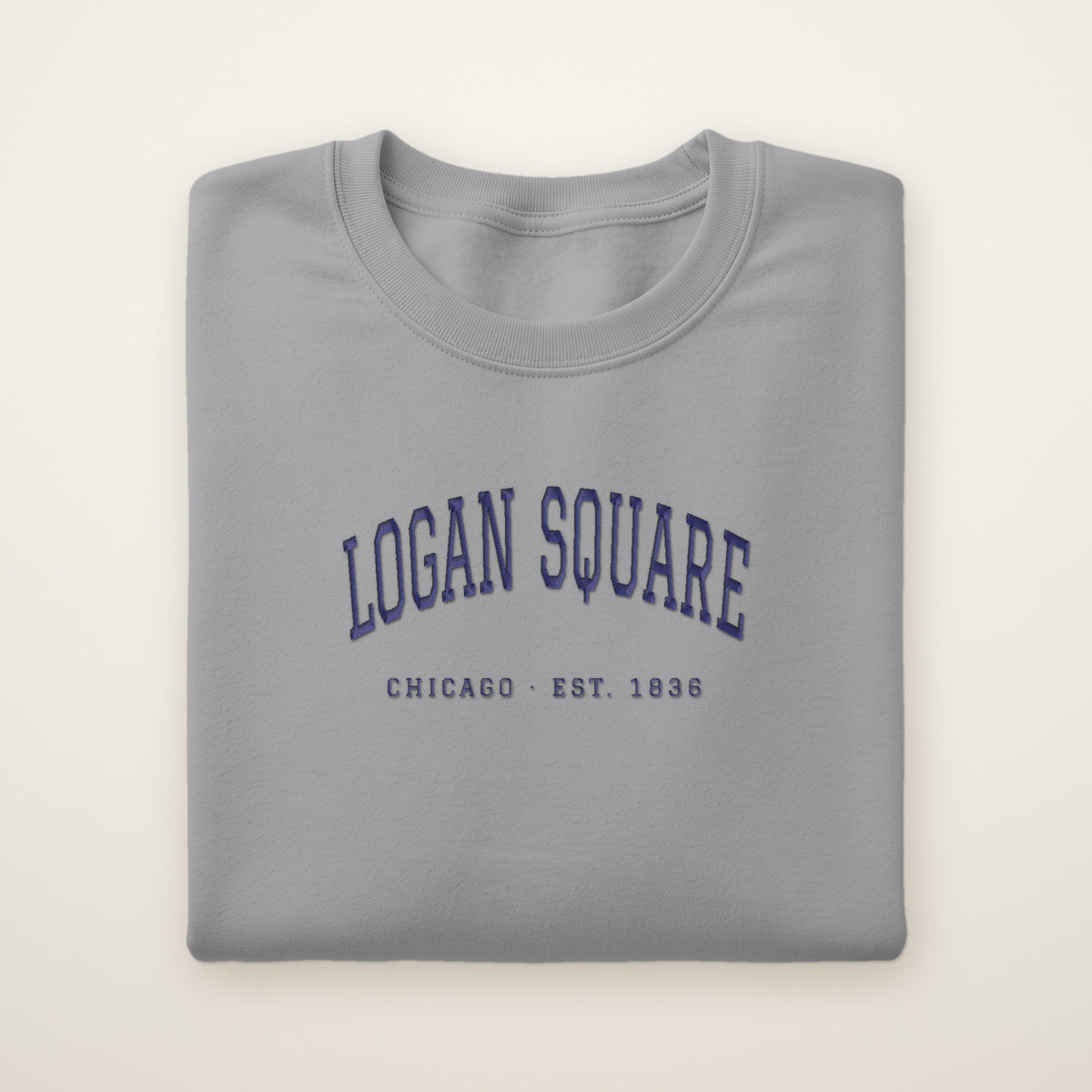 Logan Square Chicago embroidered crewneck sweatshirt, Sport Grey, navy embroidery