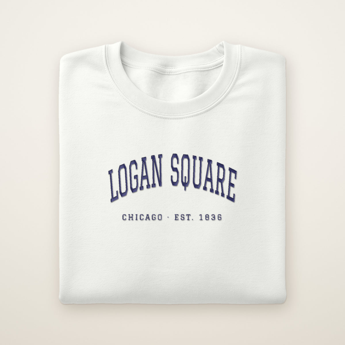 Logan Square Chicago embroidered crewneck sweatshirt, White, navy embroidery