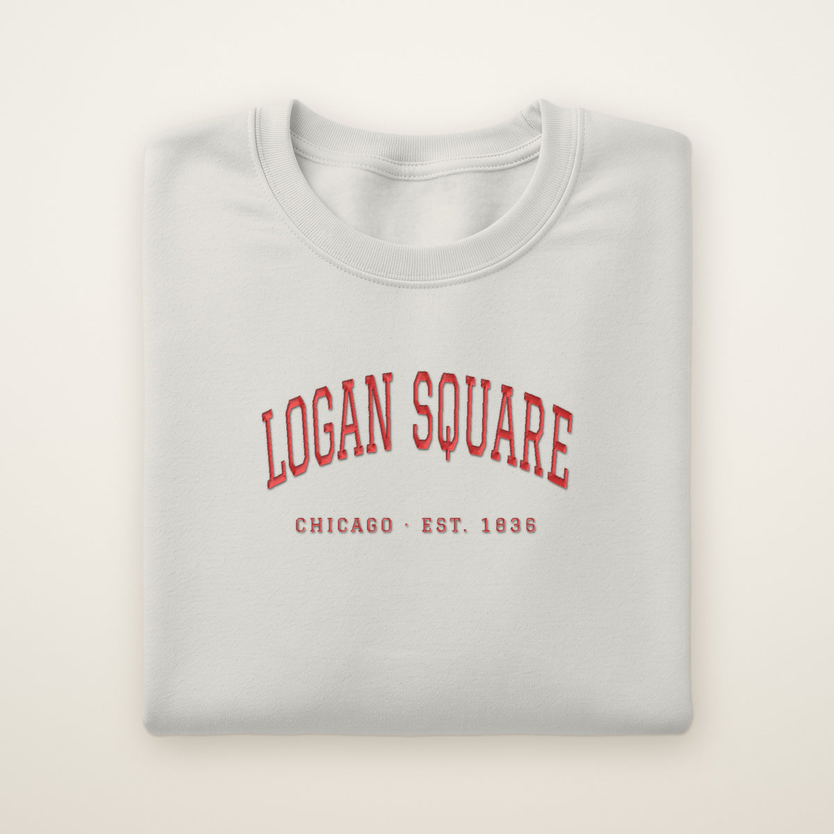 Logan Square Chicago embroidered crewneck sweatshirt, Ash, red embroidery