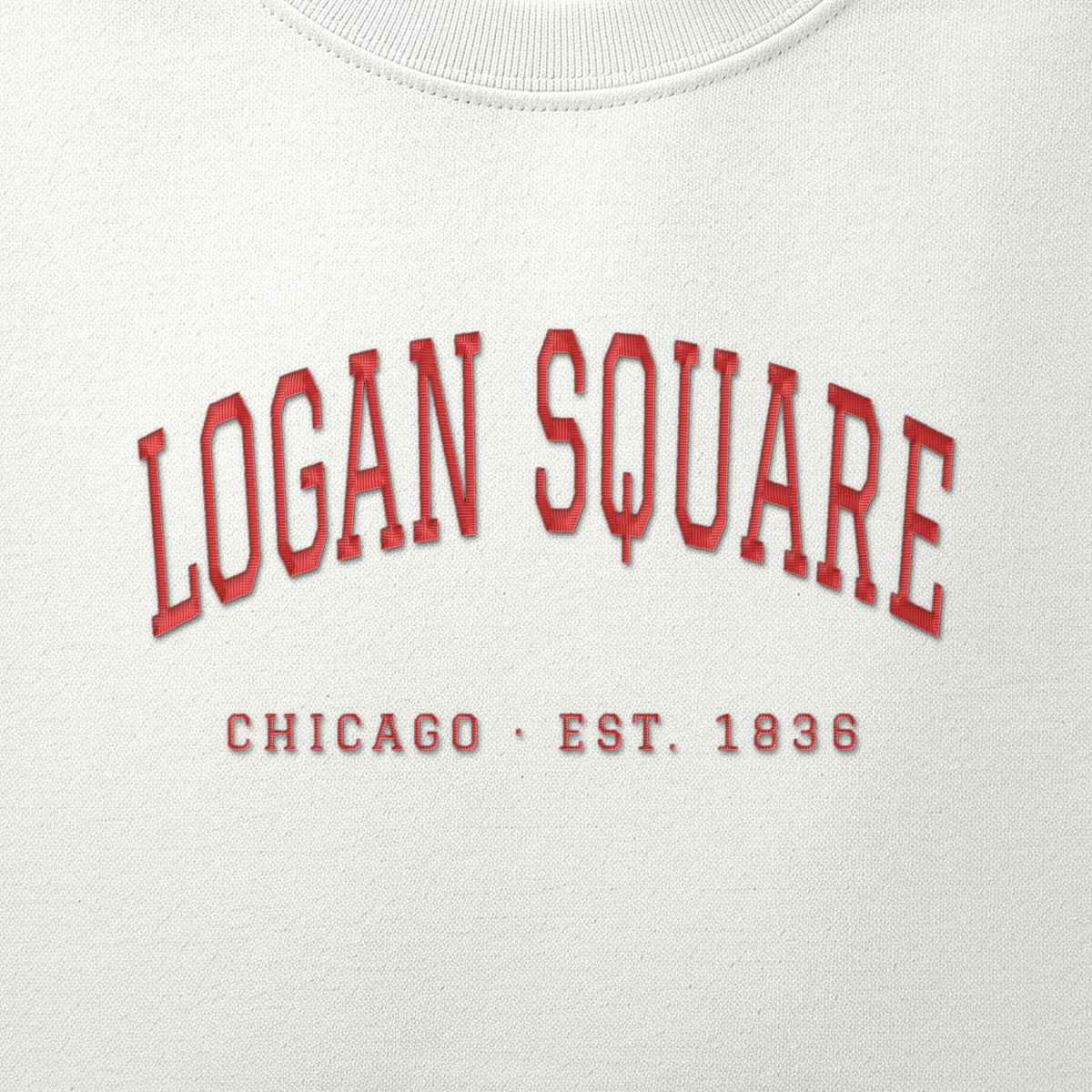 Close-up of red satin-stitch Logan Square embroidery