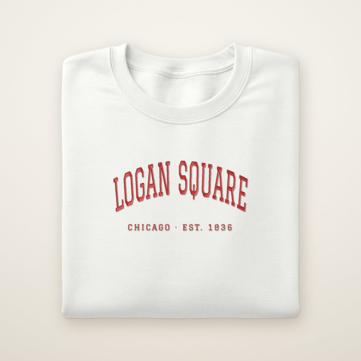 Logan Square Chicago embroidered crewneck sweatshirt, White, red embroidery