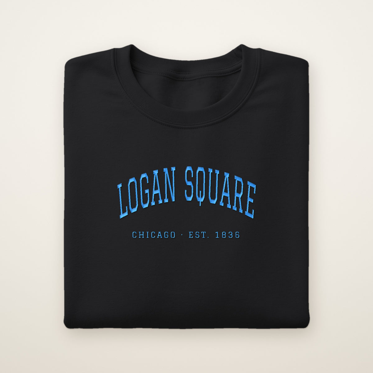 Logan Square Chicago embroidered crewneck sweatshirt, Black, sky blue embroidery