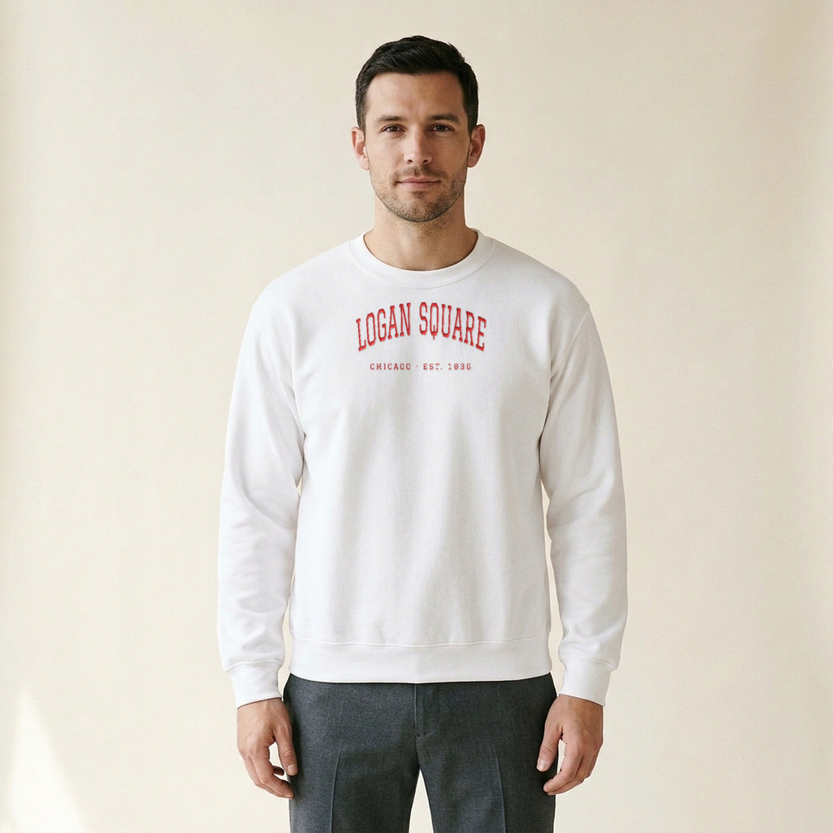 Model wearing the Logan Square Chicago Embroidered Crewneck — Red Thread in White