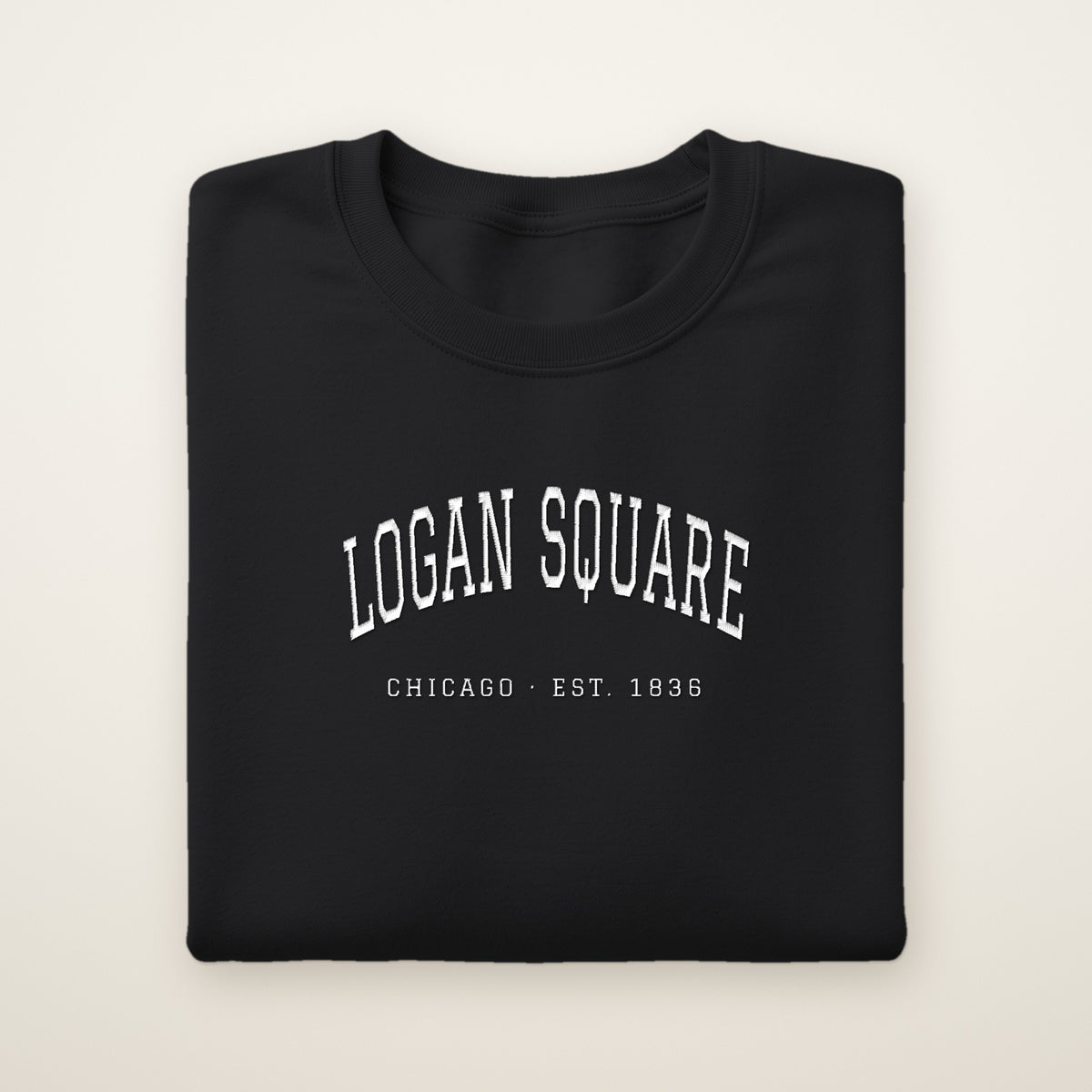 Logan Square Chicago embroidered crewneck sweatshirt, Black, white embroidery