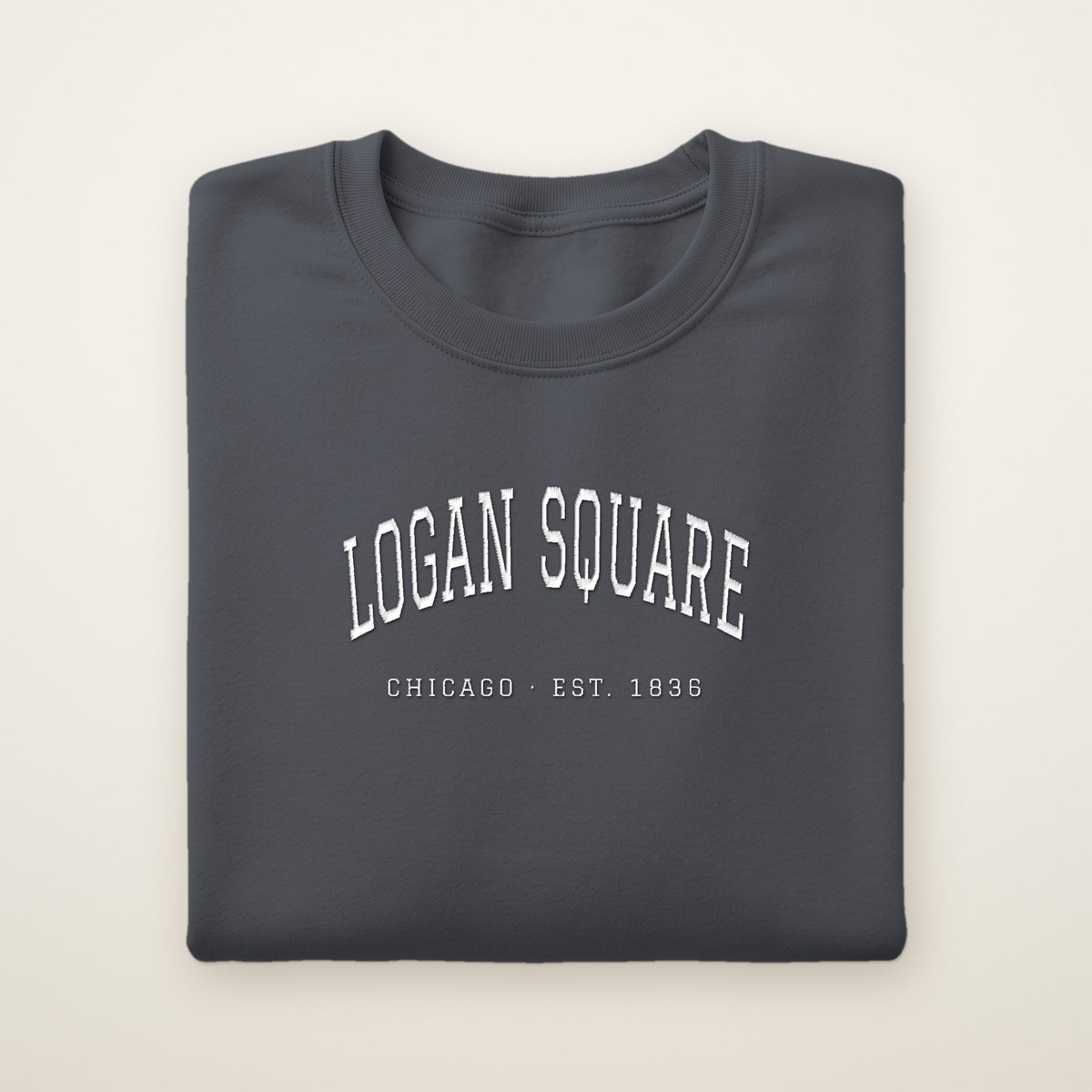 Logan Square Chicago embroidered crewneck sweatshirt, Dark Heather, white embroidery