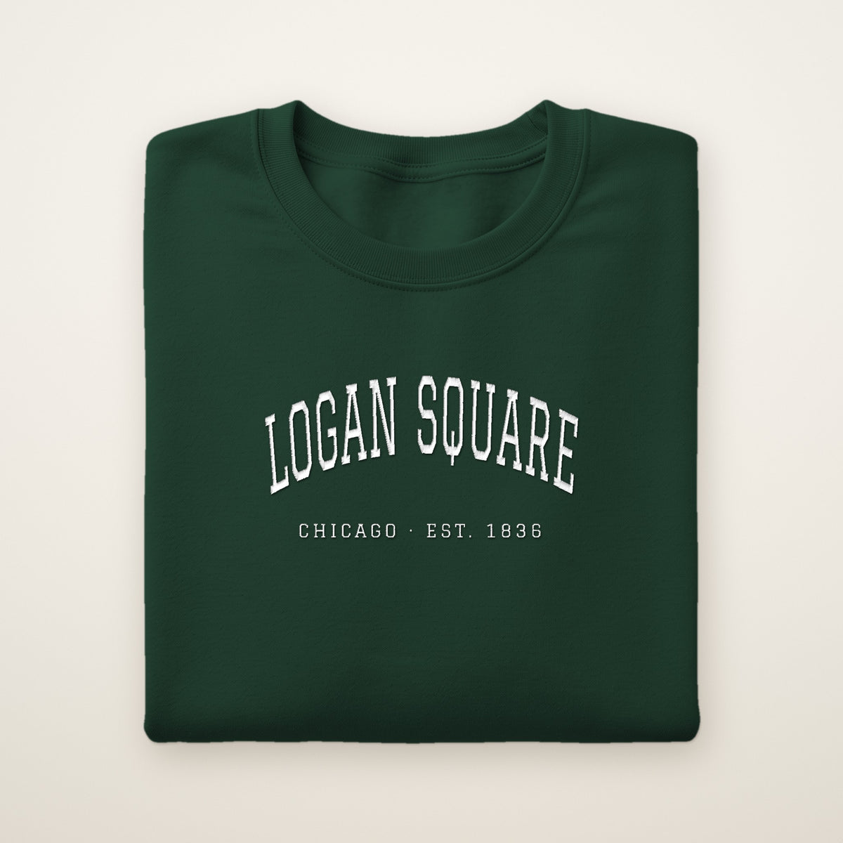 Logan Square Chicago embroidered crewneck sweatshirt, Forest Green, white embroidery