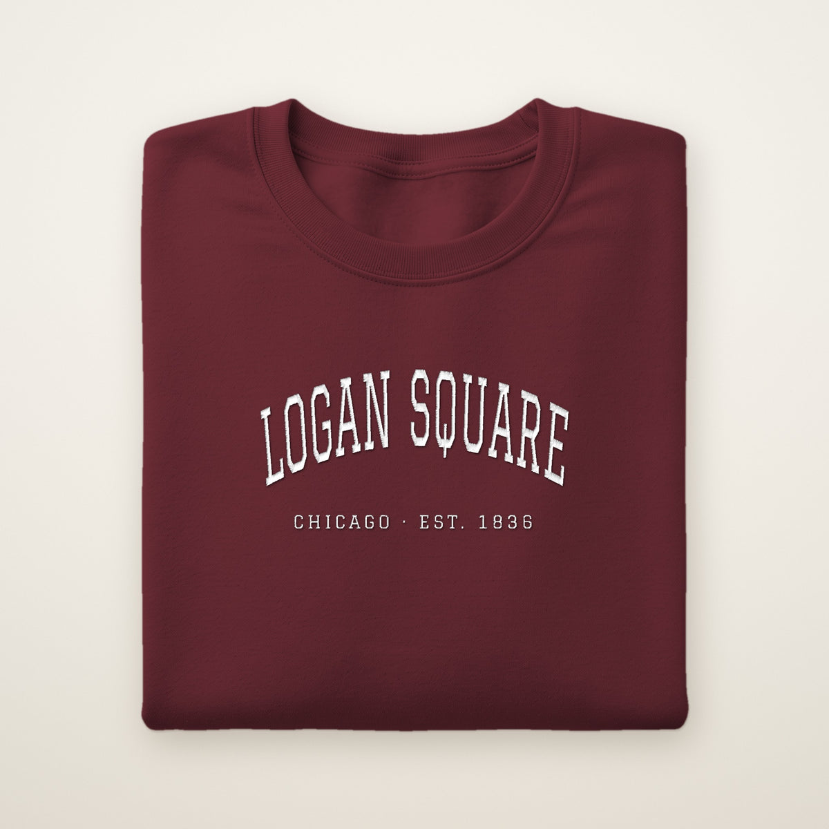 Logan Square Chicago embroidered crewneck sweatshirt, Maroon, white embroidery