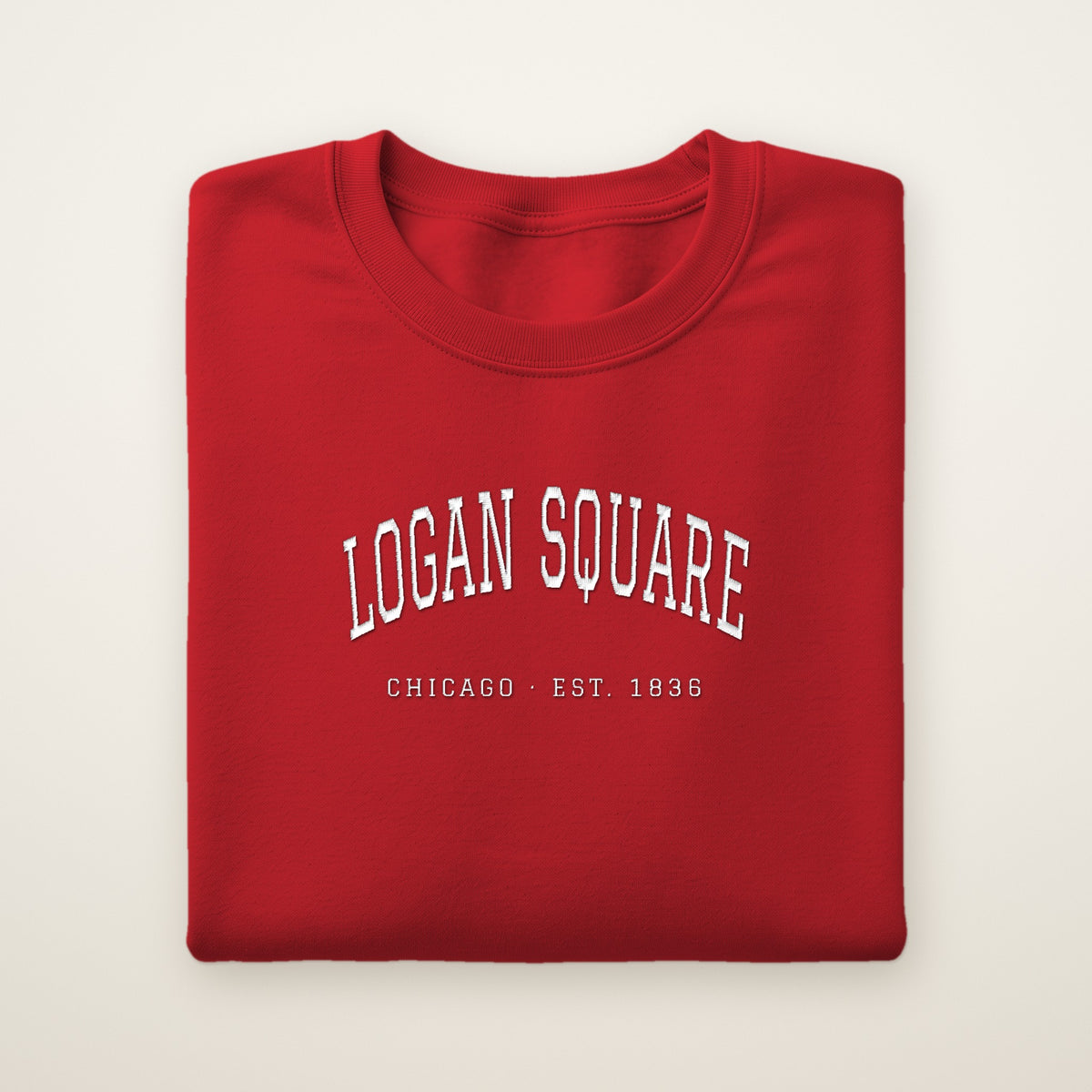 Logan Square Chicago embroidered crewneck sweatshirt, Red, white embroidery