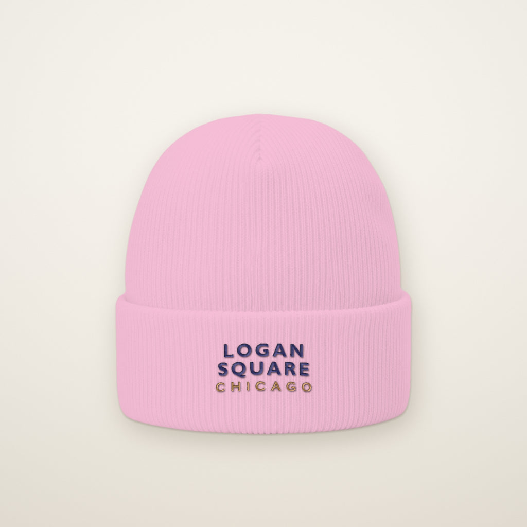 Logan Square Chicago Embroidered Cuffed Beanie, Navy Thread, Baby Pink