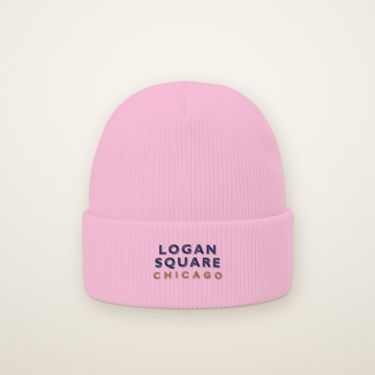 Logan Square Chicago Embroidered Cuffed Beanie, Navy Thread, Baby Pink