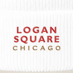 Logan Square Chicago embroidery close-up in red and old gold thread