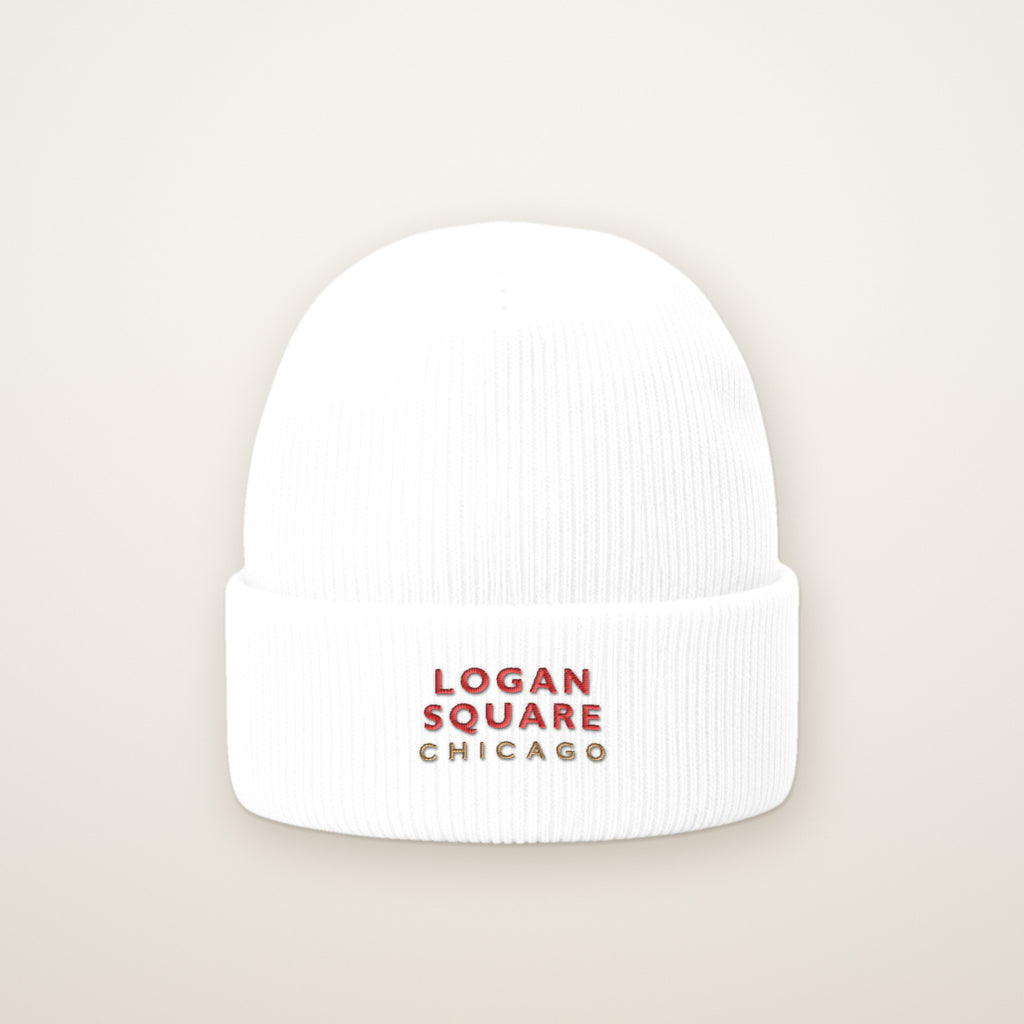 Logan Square Chicago Embroidered Cuffed Beanie, Red Thread, front view