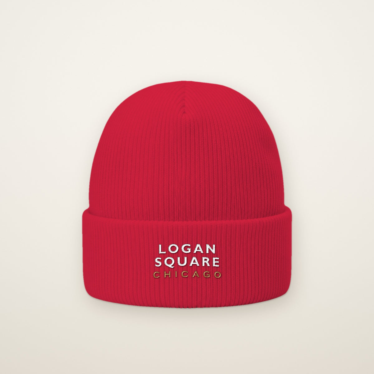Logan Square Chicago Embroidered Cuffed Beanie in Red