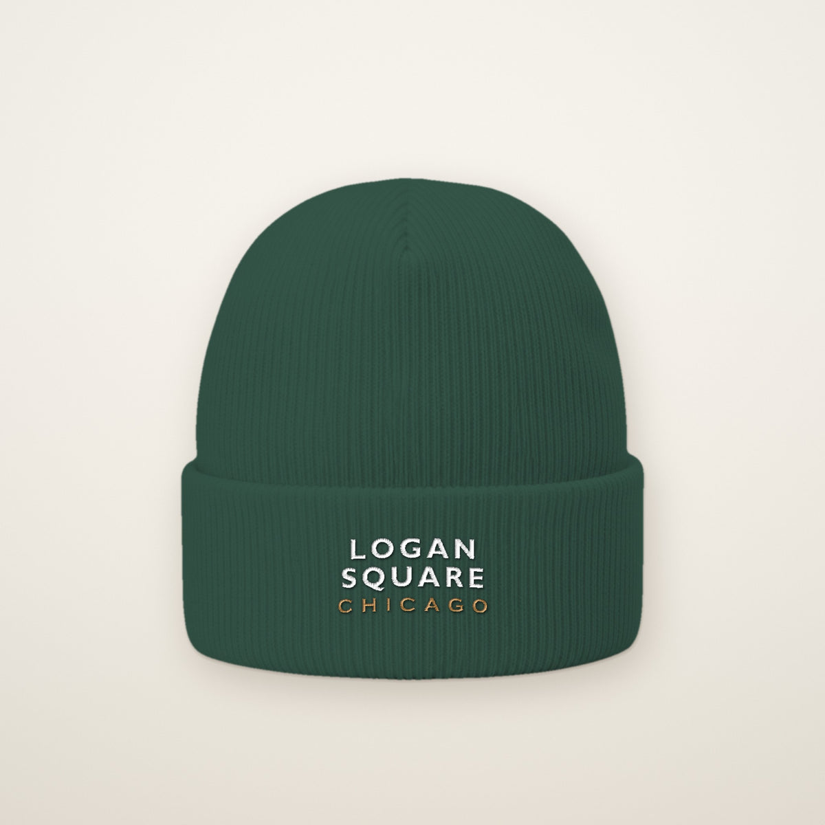 Logan Square Chicago Embroidered Cuffed Beanie in Spruce