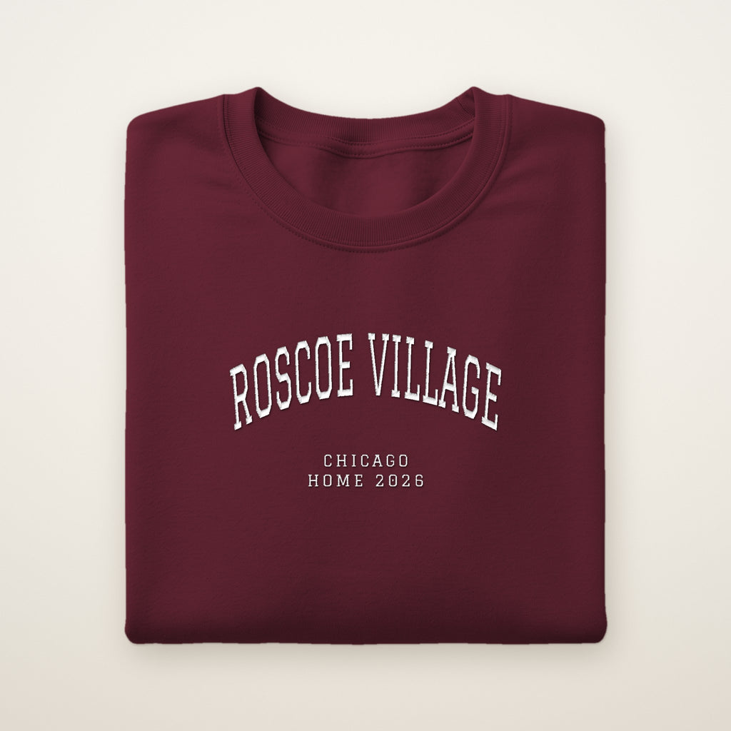 Roscoe Village Chicago Home 2026 Embroidered Crewneck — White Thread on Maroon