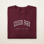 Edison Park Chicago Embroidered Crewneck — White Thread on Maroon