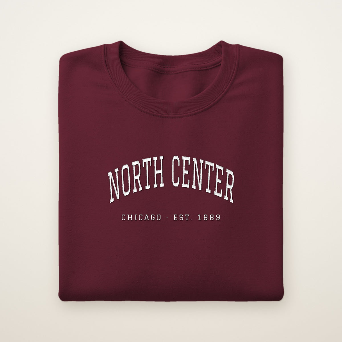 North Center Chicago Embroidered Crewneck — White Thread on Maroon