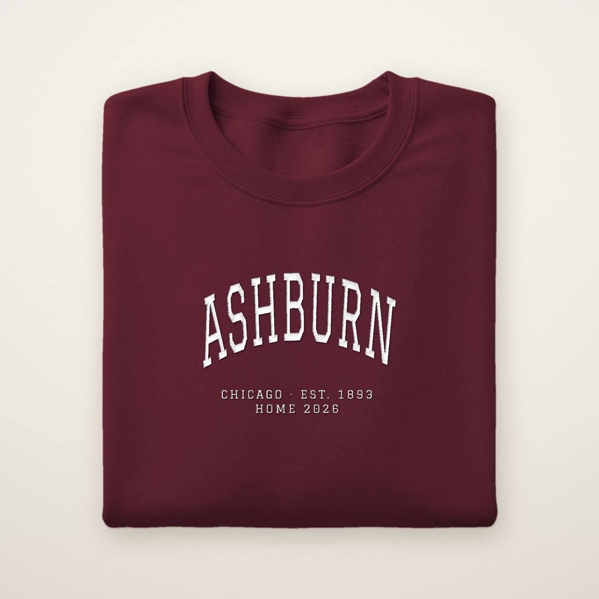 Ashburn Chicago Home 2026 Embroidered Crewneck — White Thread on Maroon