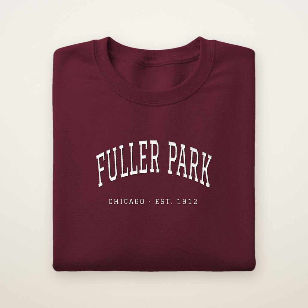 Fuller Park Chicago Embroidered Crewneck — White Thread on Maroon