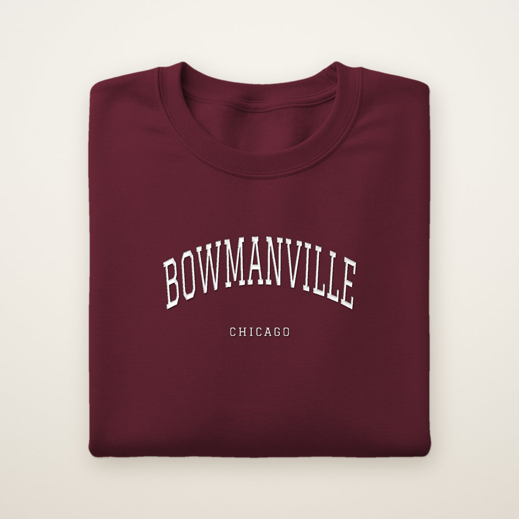 Bowmanville Chicago Embroidered Crewneck — White Thread on Maroon