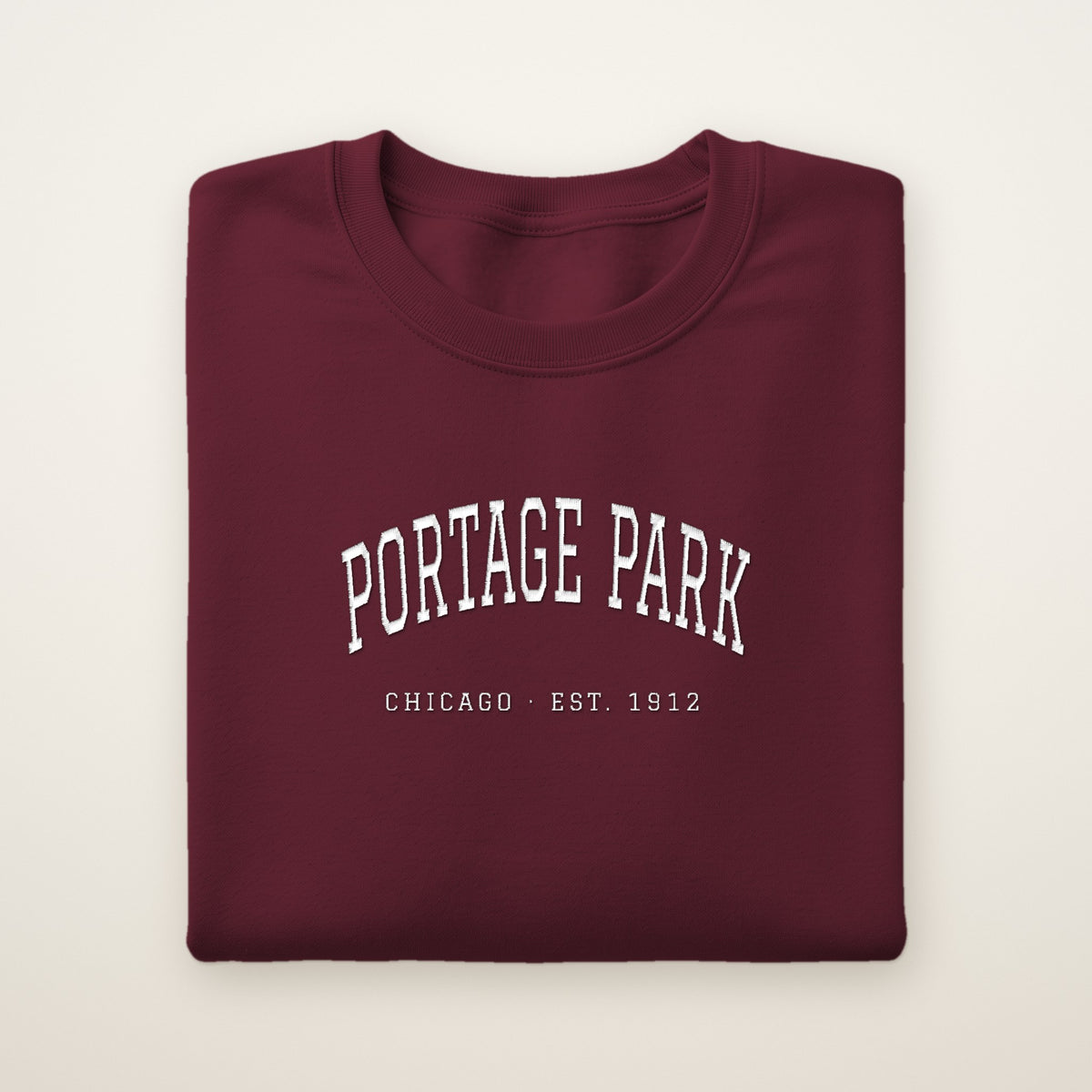 Portage Park Chicago Embroidered Crewneck — White Thread on Maroon