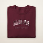 Avalon Park Chicago Embroidered Crewneck — White Thread on Maroon