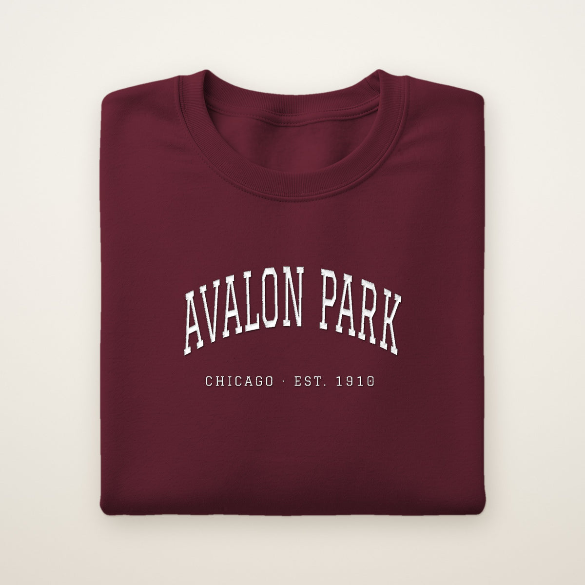 Avalon Park Chicago Embroidered Crewneck — White Thread on Maroon