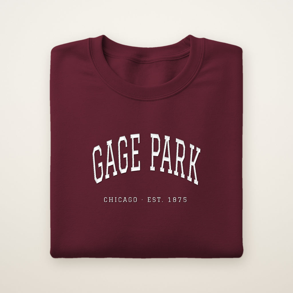 Gage Park Chicago Embroidered Crewneck — White Thread on Maroon