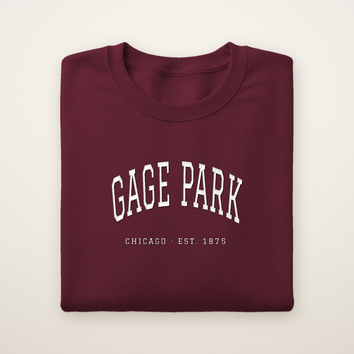Gage Park Chicago Embroidered Crewneck — White Thread on Maroon