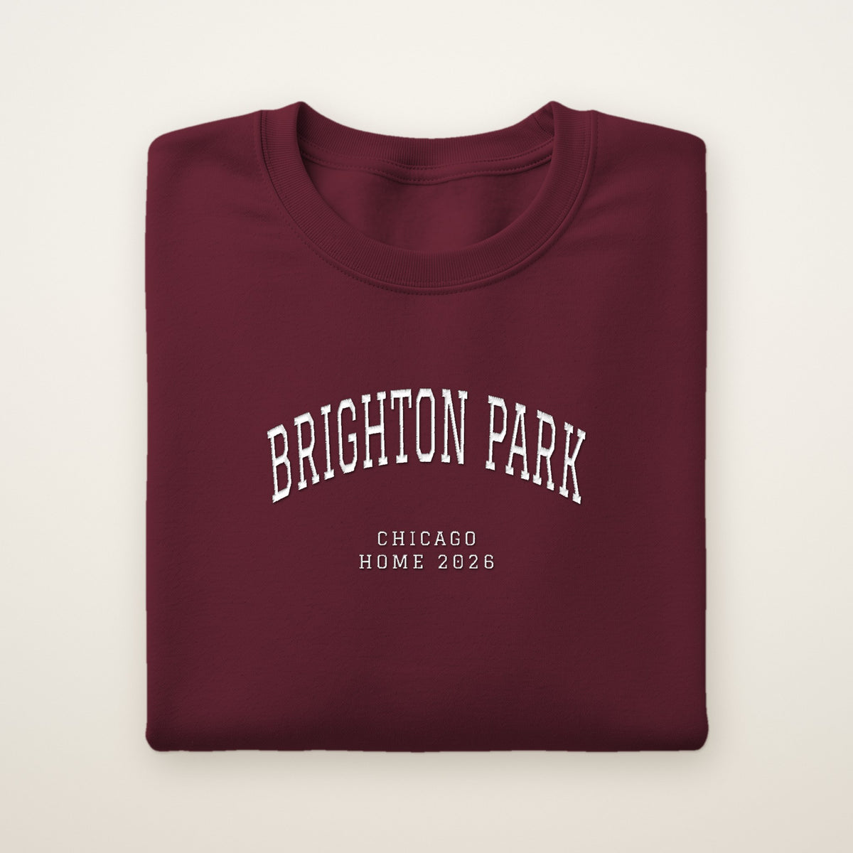 Brighton Park Chicago Home 2026 Embroidered Crewneck — White Thread on Maroon