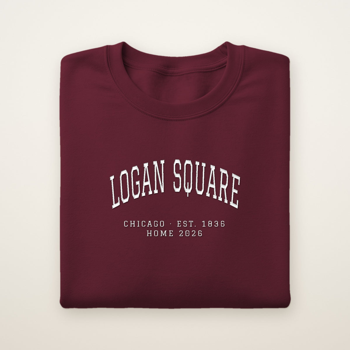 Logan Square Chicago Home 2026 Embroidered Crewneck — White Thread on Maroon
