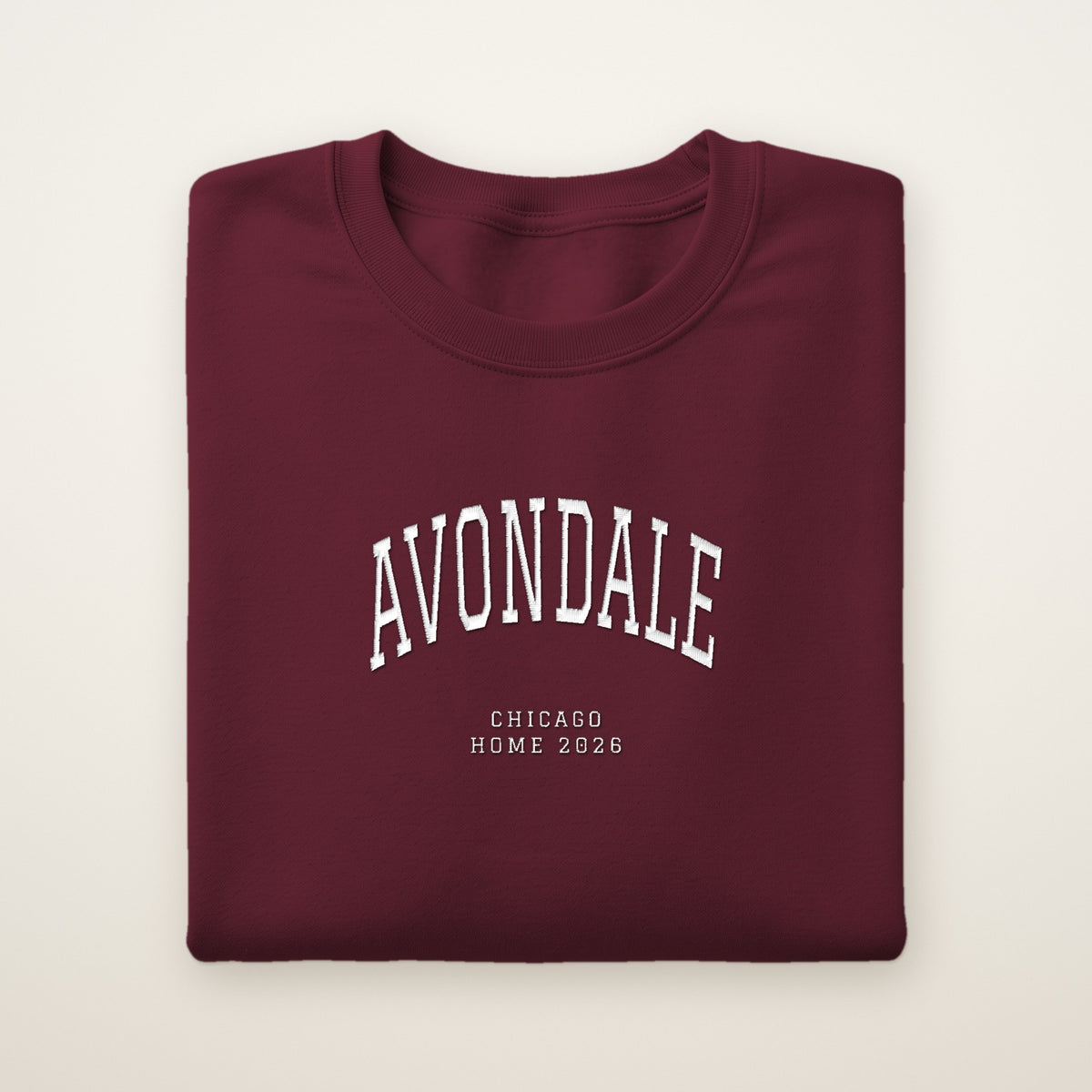 Avondale Chicago Home 2026 Embroidered Crewneck — White Thread on Maroon