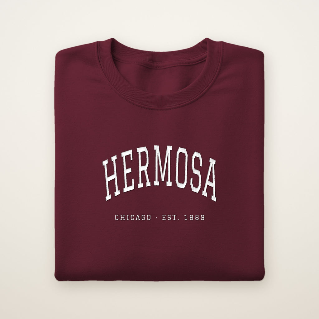 Hermosa Chicago Embroidered Crewneck — White Thread on Maroon