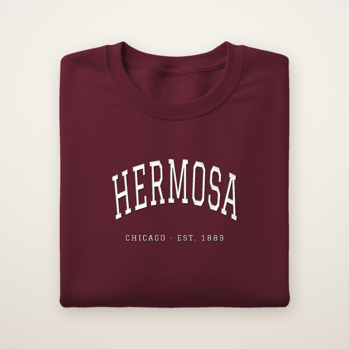 Hermosa Chicago Embroidered Crewneck — White Thread on Maroon