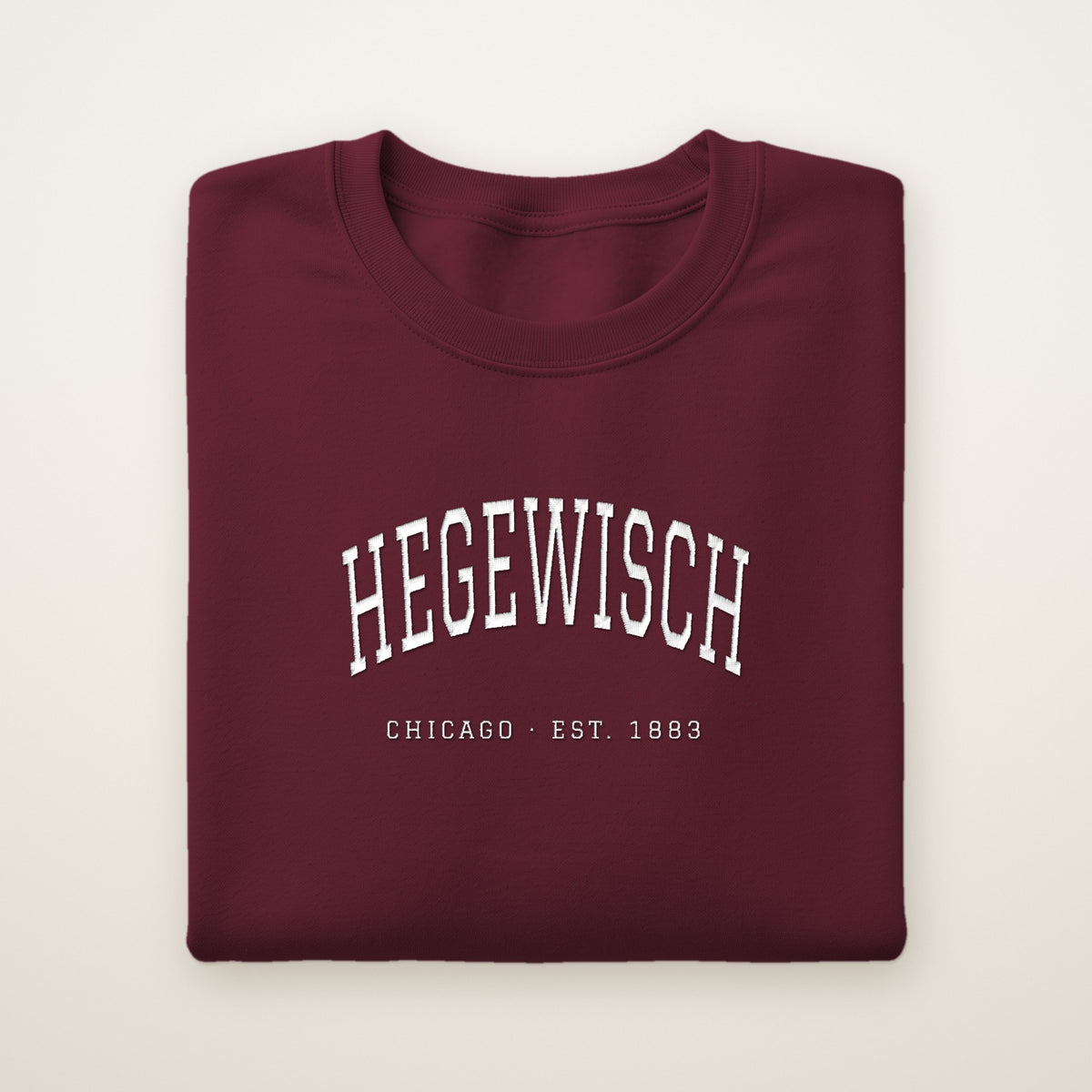 Hegewisch Chicago Embroidered Crewneck — White Thread on Maroon