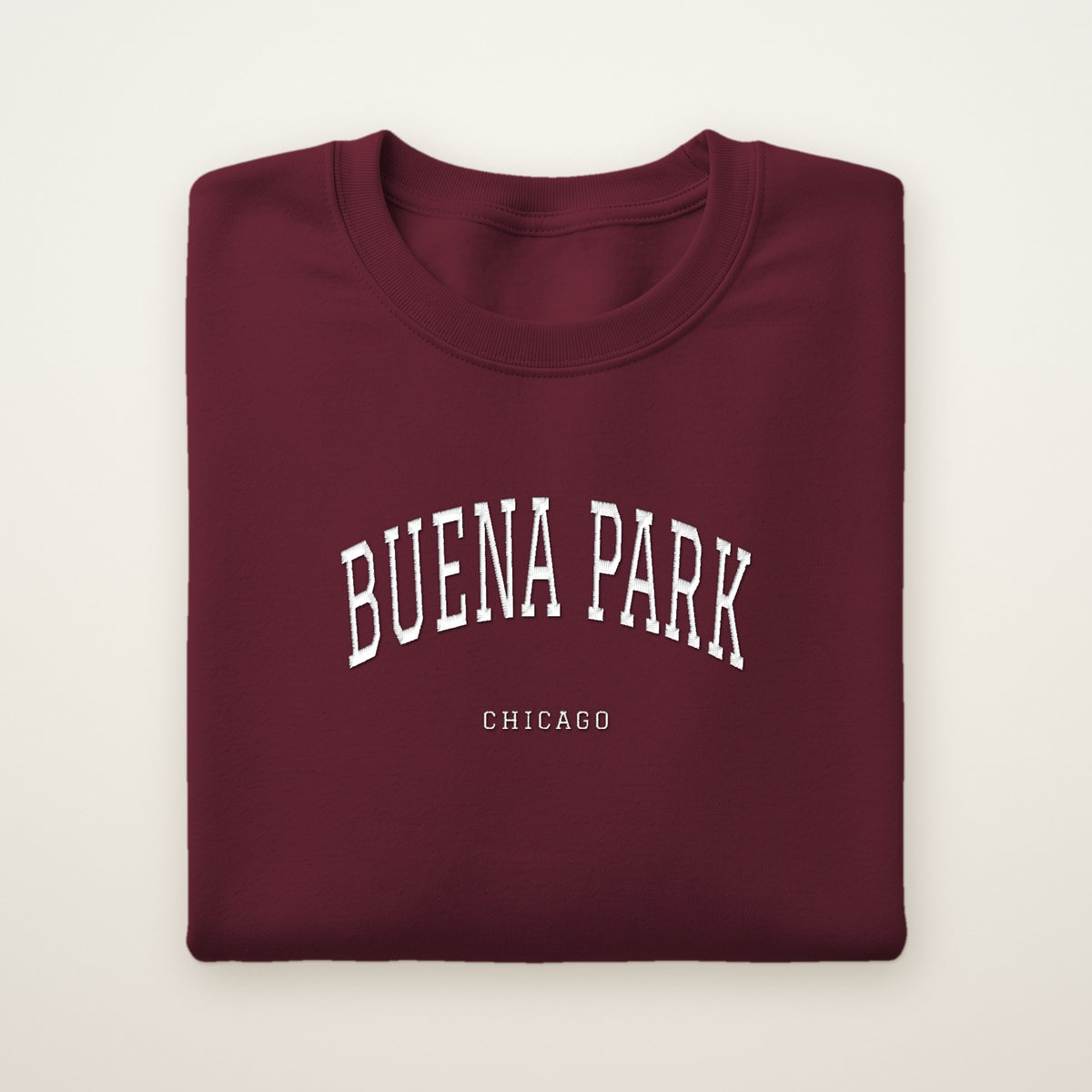 Buena Park Chicago Embroidered Crewneck — White Thread on Maroon