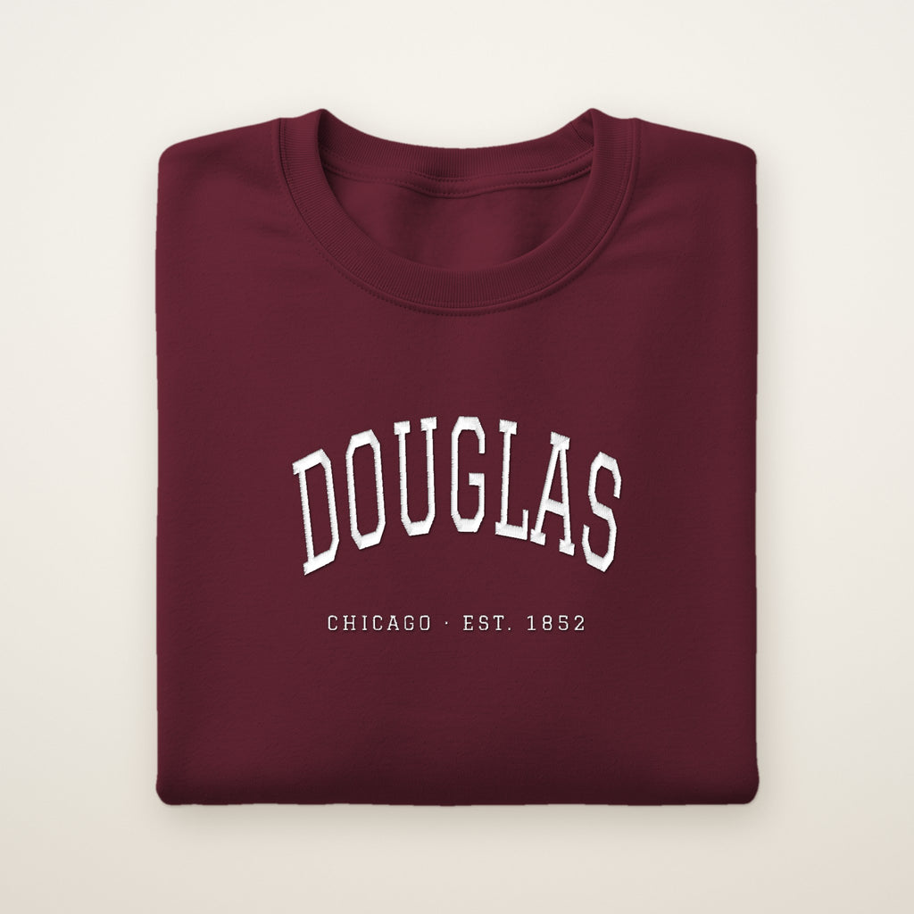 Douglas Chicago Embroidered Crewneck — White Thread on Maroon