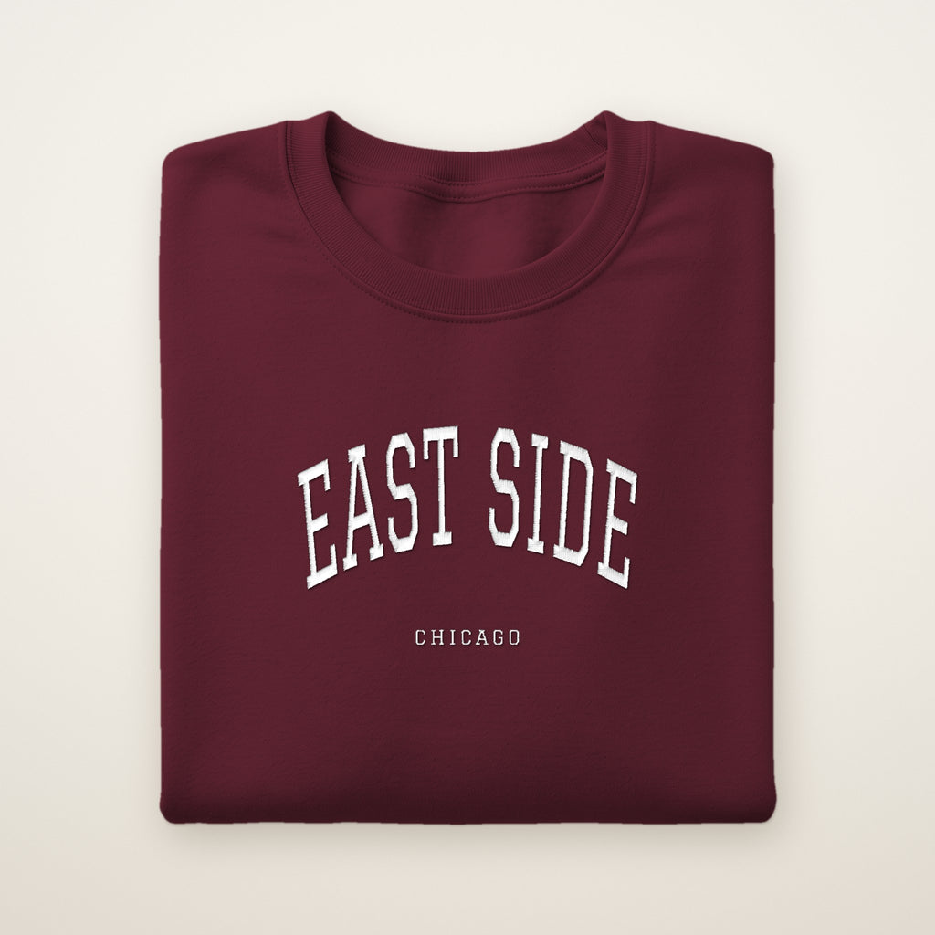 East Side Chicago Embroidered Crewneck — White Thread on Maroon