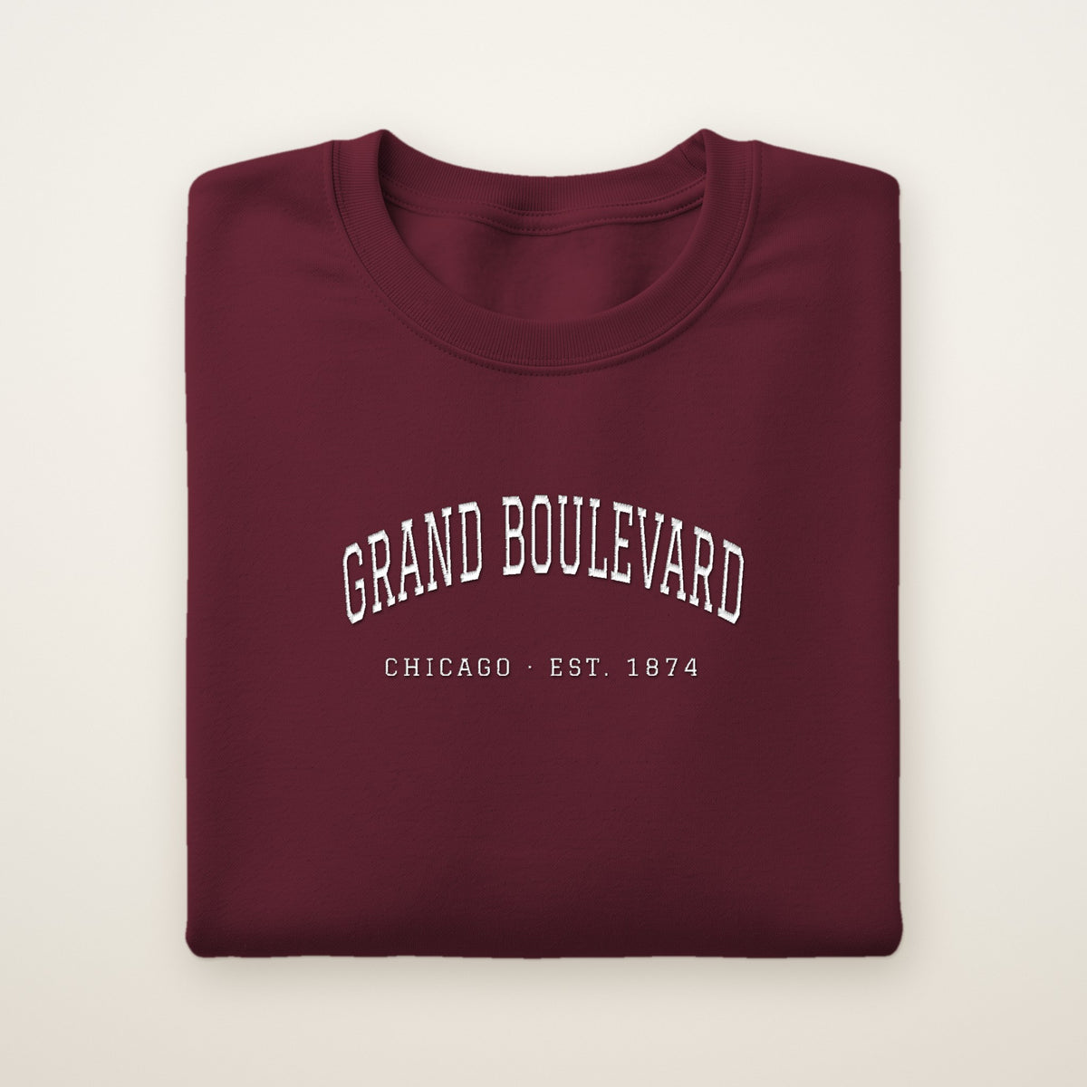 Grand Boulevard Chicago Embroidered Crewneck — White Thread on Maroon