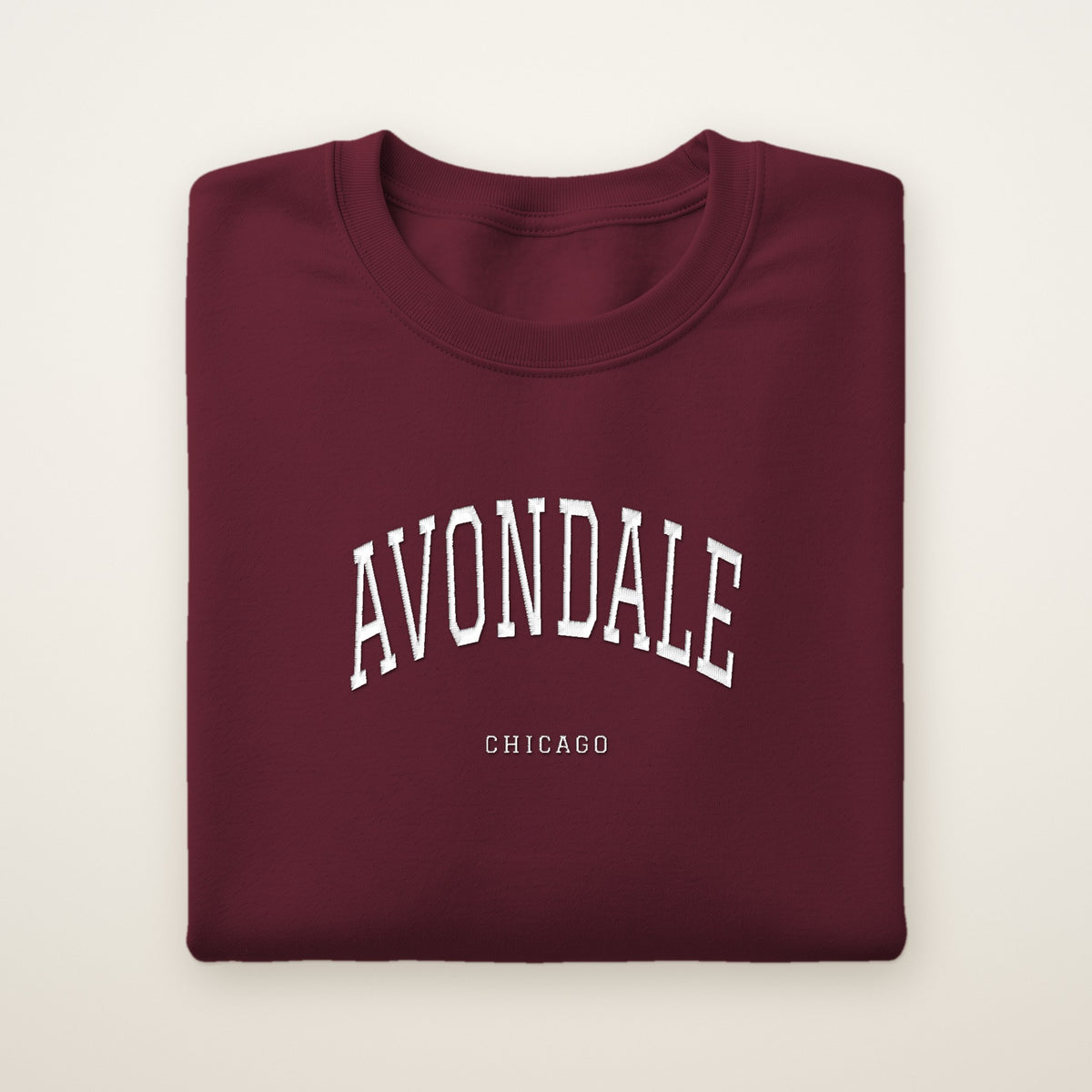 Avondale Chicago Embroidered Crewneck — White Thread on Maroon