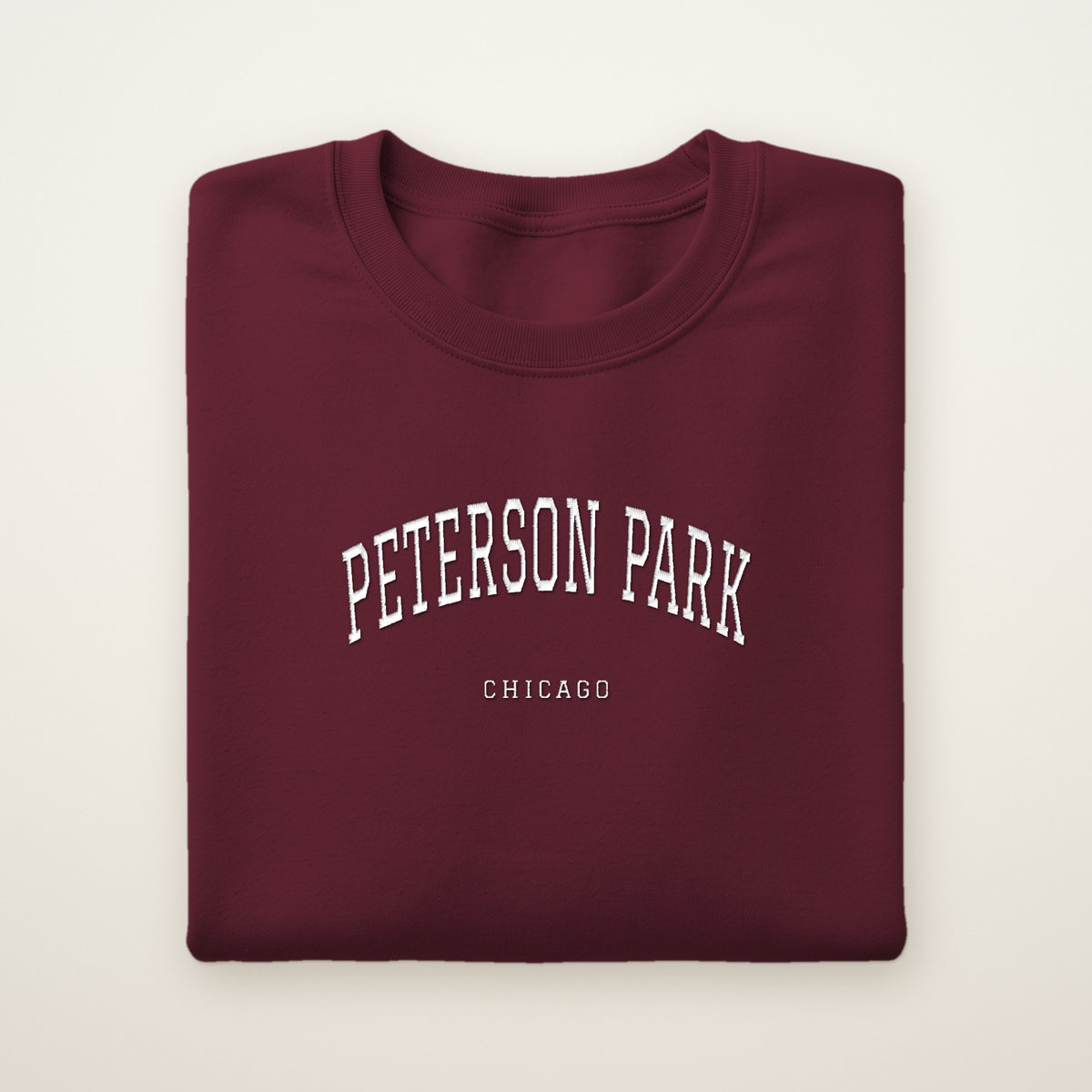 Peterson Park Chicago Embroidered Crewneck — White Thread on Maroon