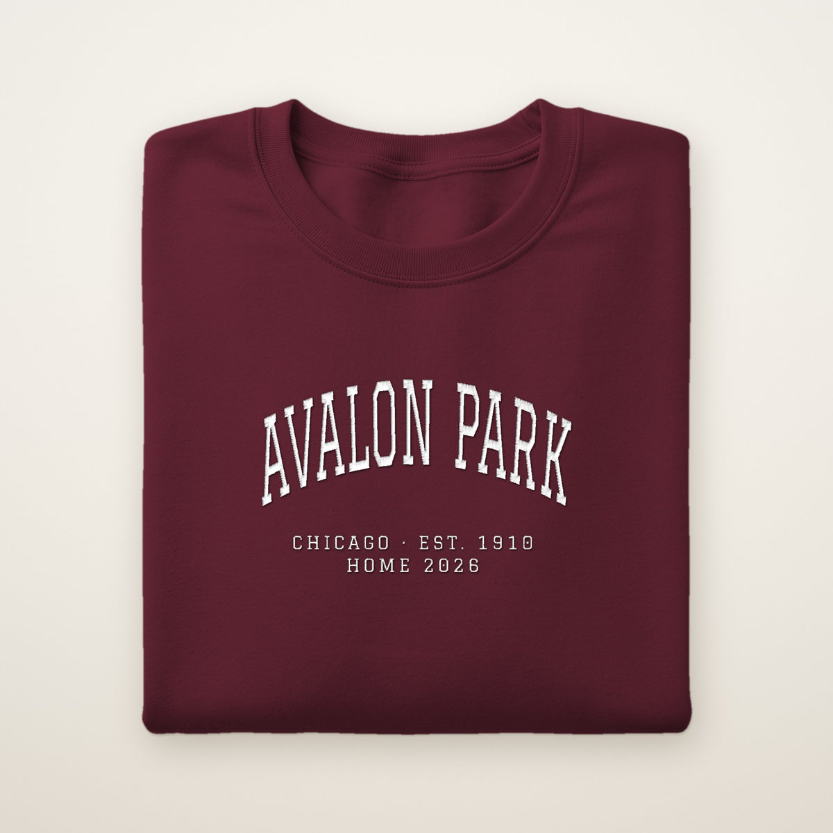 Avalon Park Chicago Home 2026 Embroidered Crewneck — White Thread on Maroon