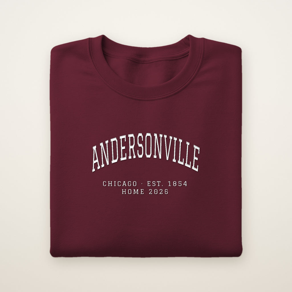 Andersonville Chicago Home 2026 Embroidered Crewneck — White Thread on Maroon